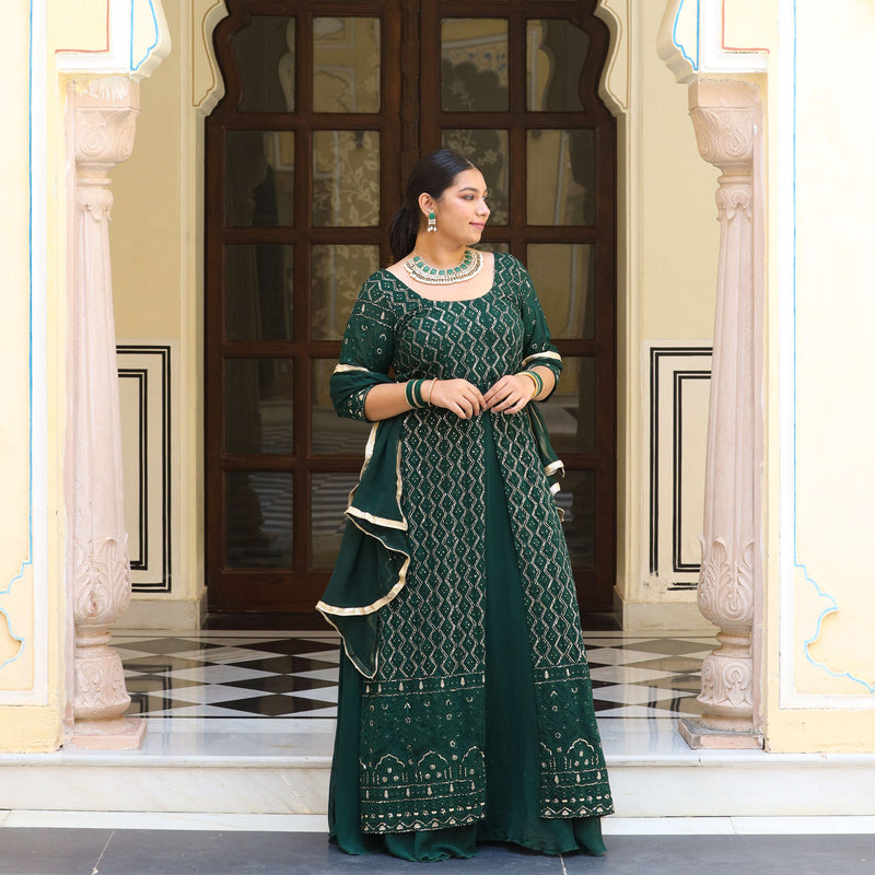 Opal Green Thread Embroidered Georgette Dress