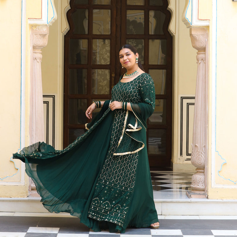 Opal Green Thread Embroidered Georgette Dress