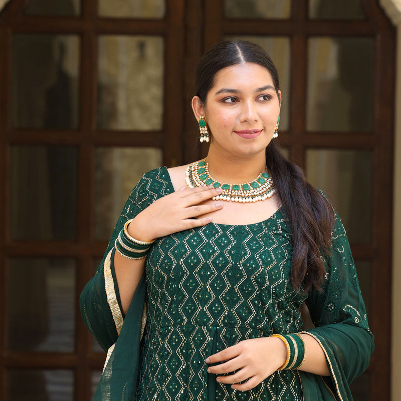 Opal Green Thread Embroidered Georgette Dress