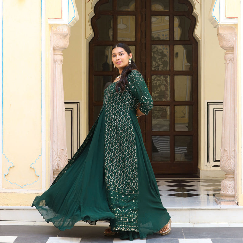 Opal Green Thread Embroidered Georgette Dress