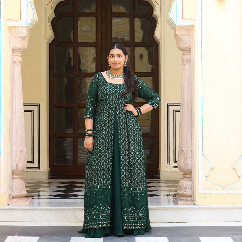Opal Green Thread Embroidered Georgette Dress