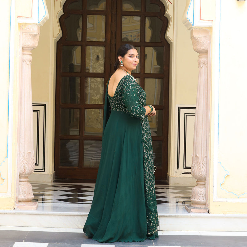 Opal Green Thread Embroidered Georgette Dress
