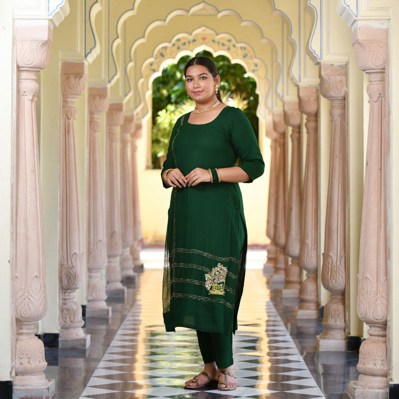 Forest Green Handwork Pure Georgette Kurta