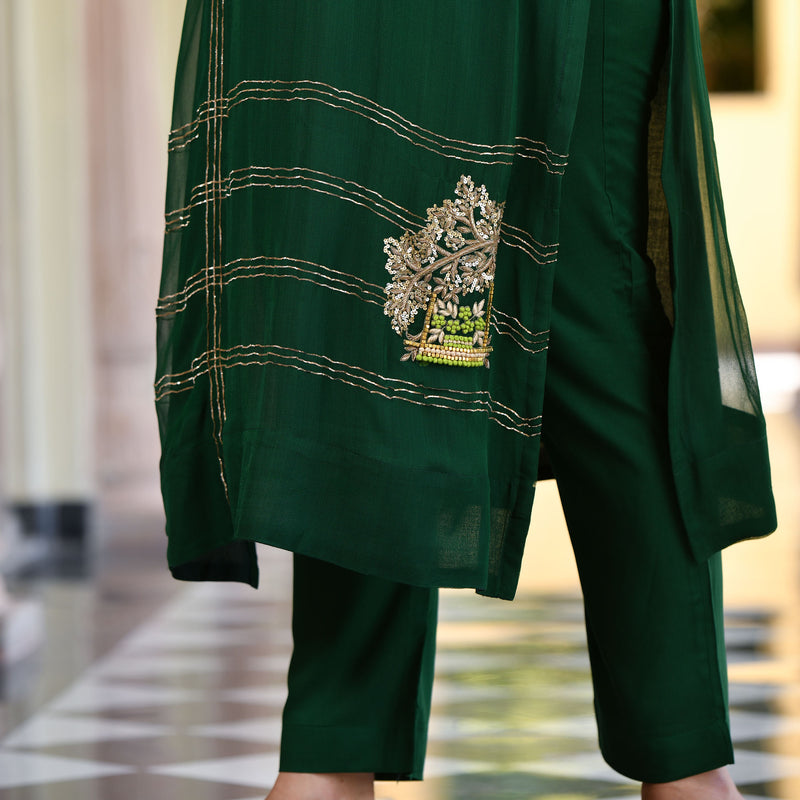 Forest Green Handwork Pure Georgette Kurta