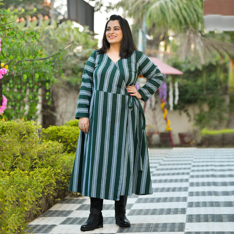 Casal Green Vertical Stripe Woollen Wrap Dress