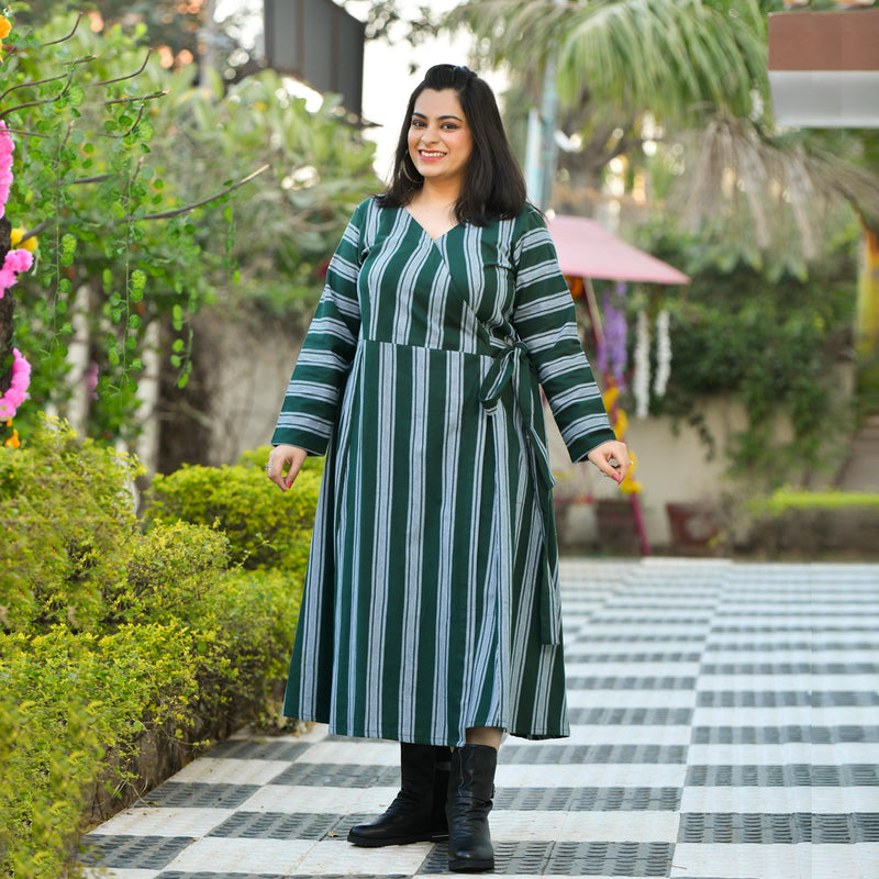 Casal Green Vertical Stripe Woollen Wrap Dress