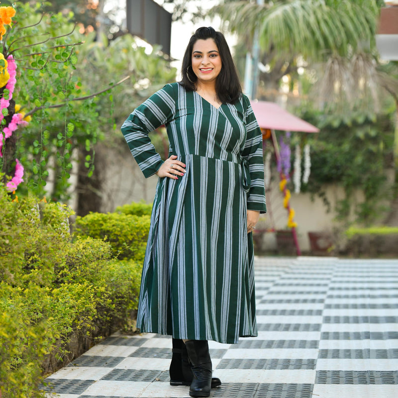 Casal Green Vertical Stripe Woollen Wrap Dress