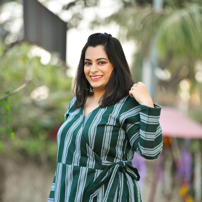 Casal Green Vertical Stripe Woollen Wrap Dress