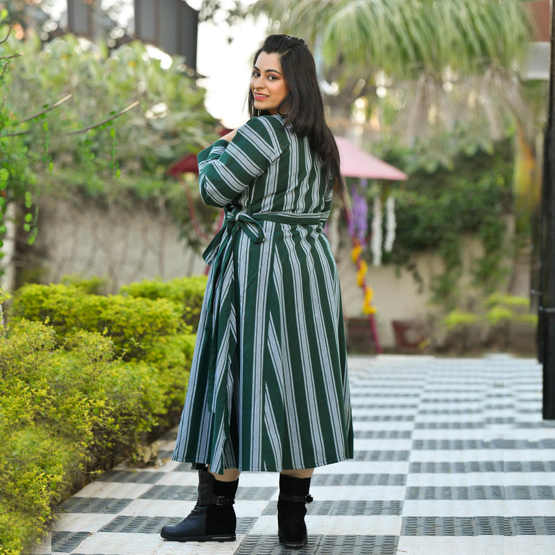 Casal Green Vertical Stripe Woollen Wrap Dress