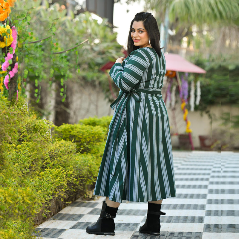 Casal Green Vertical Stripe Woollen Wrap Dress