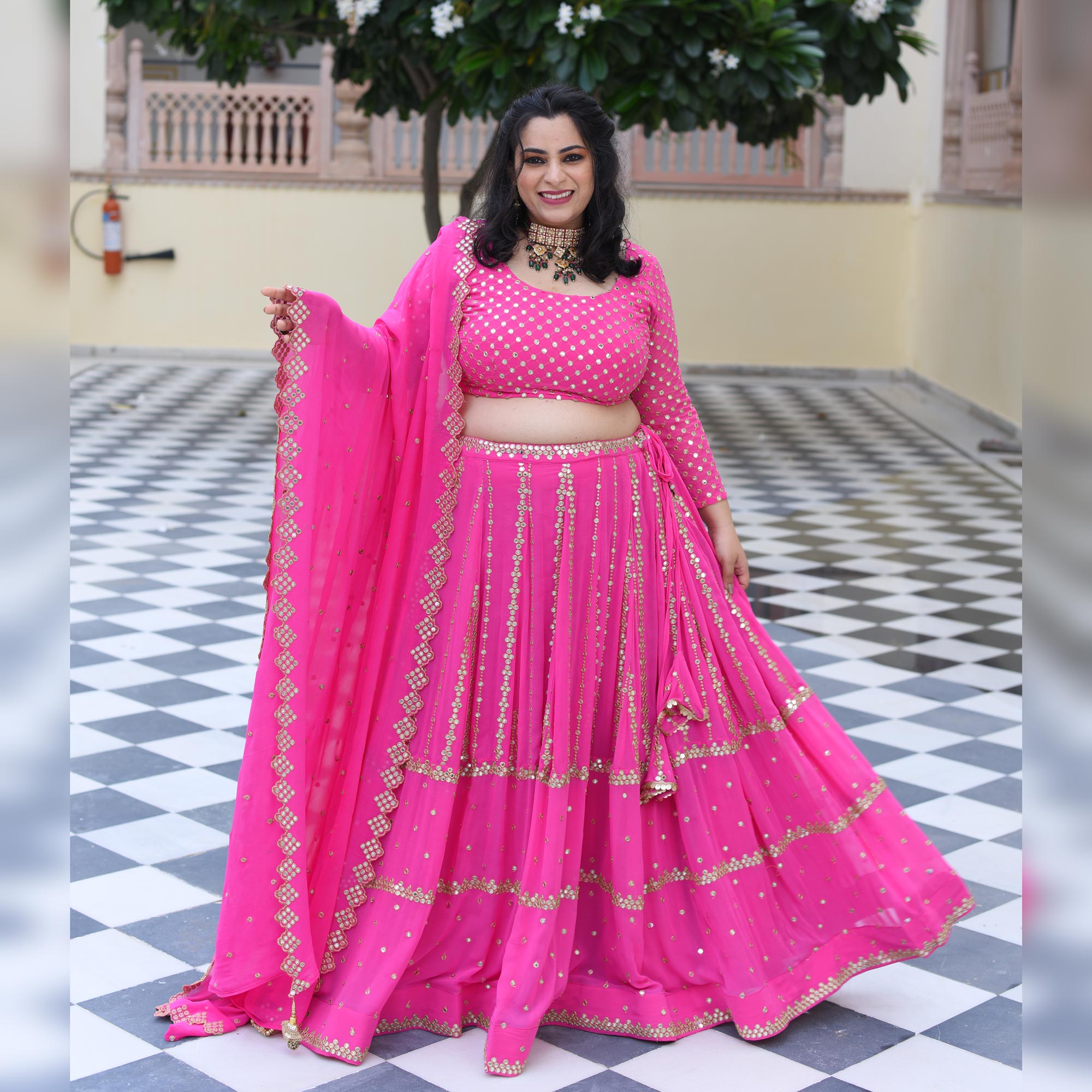 Cerise Pink Mirror Work Lehenga Set