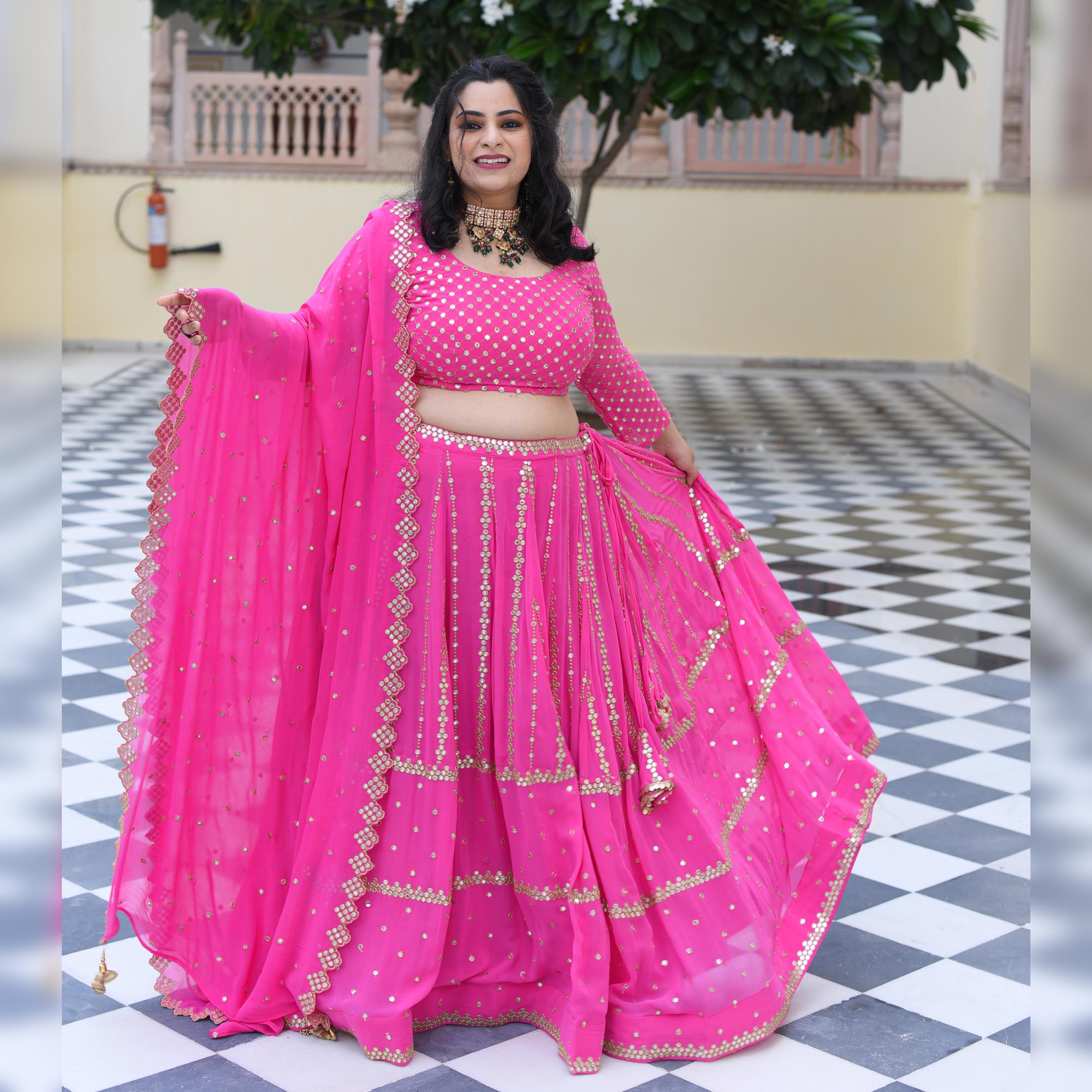 Cerise Pink Mirror Work Lehenga Set