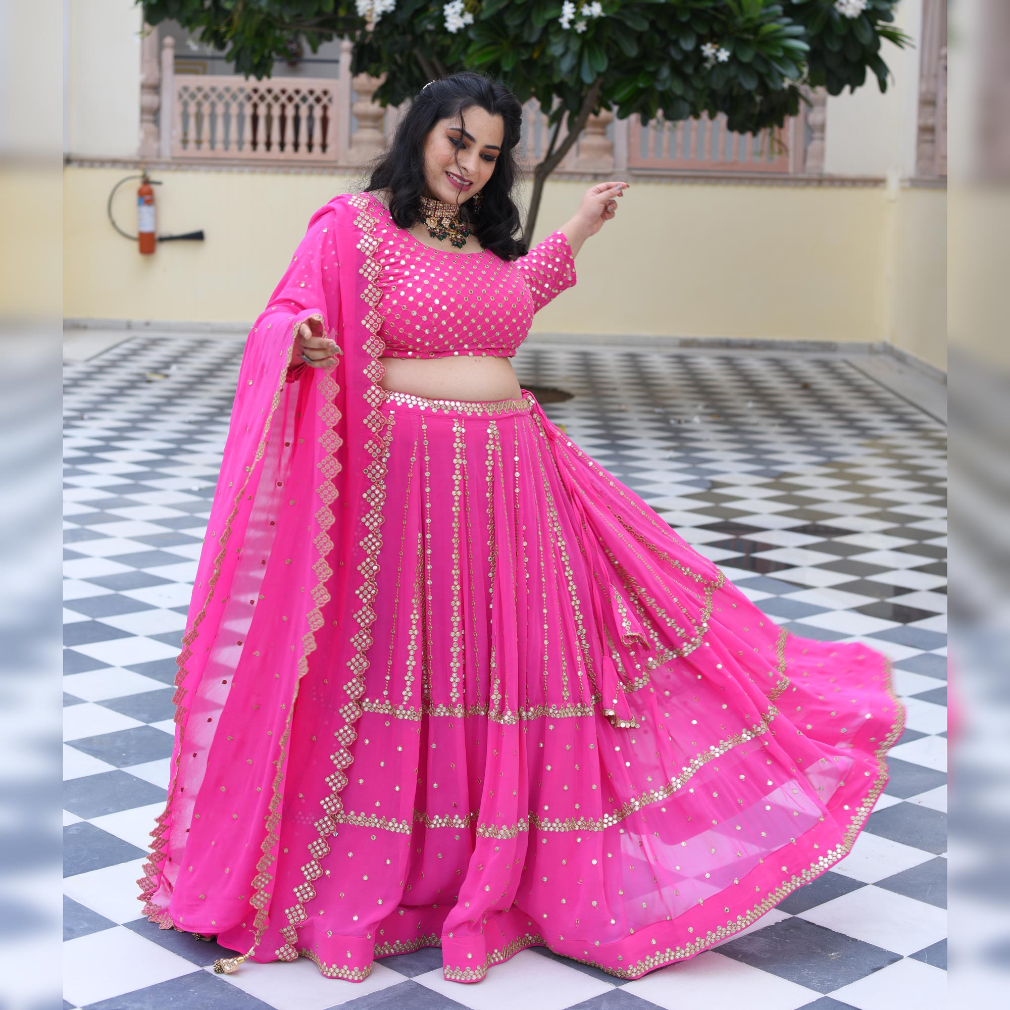 Cerise Pink Mirror Work Lehenga Set