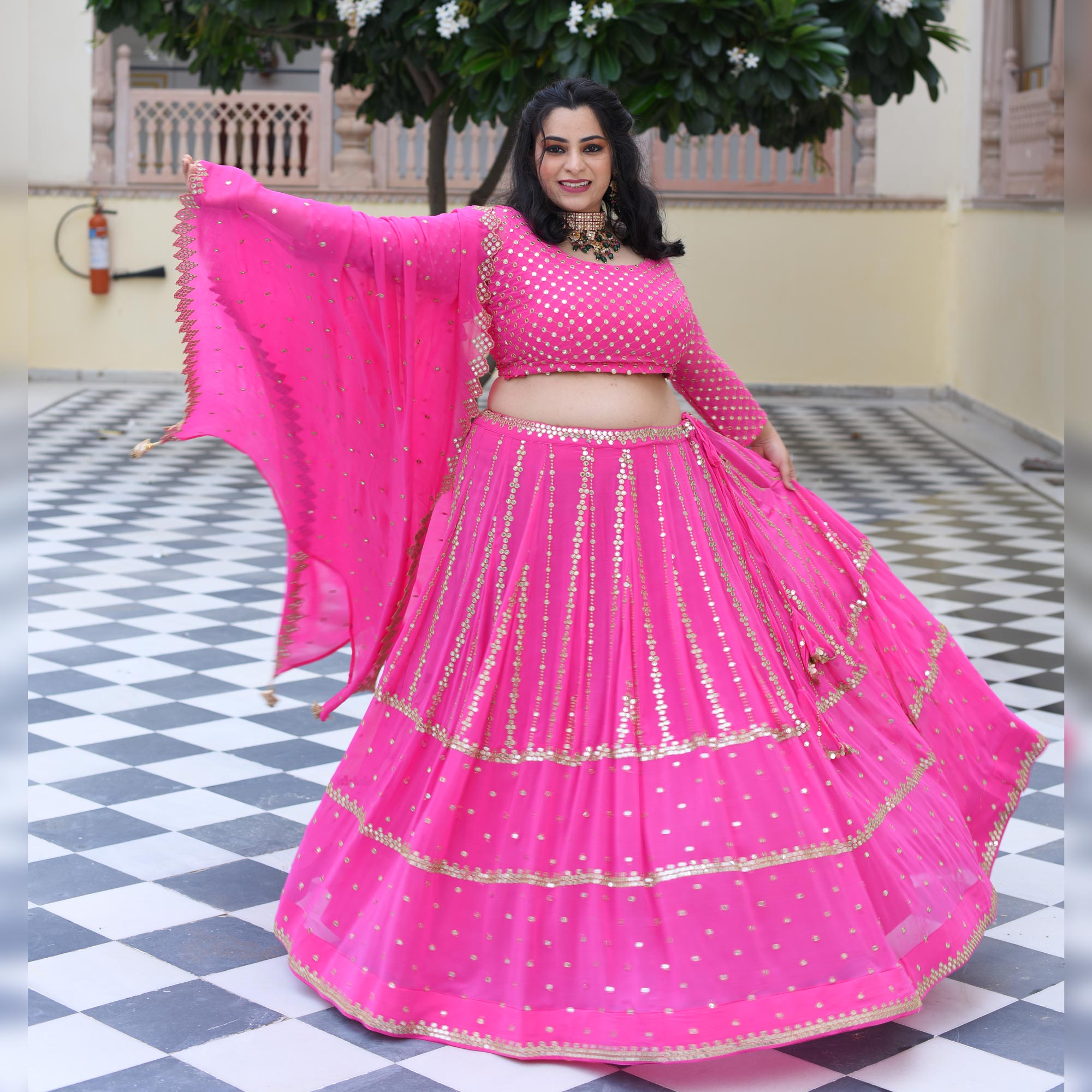 Cerise Pink Mirror Work Lehenga Set