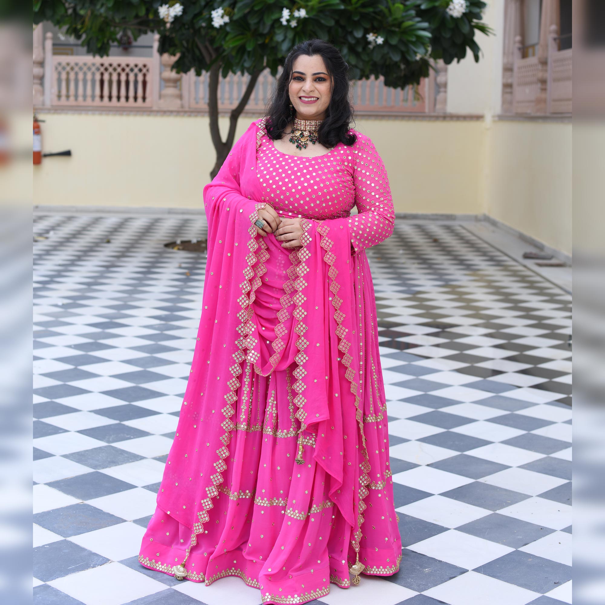 Cerise Pink Mirror Work Lehenga Set