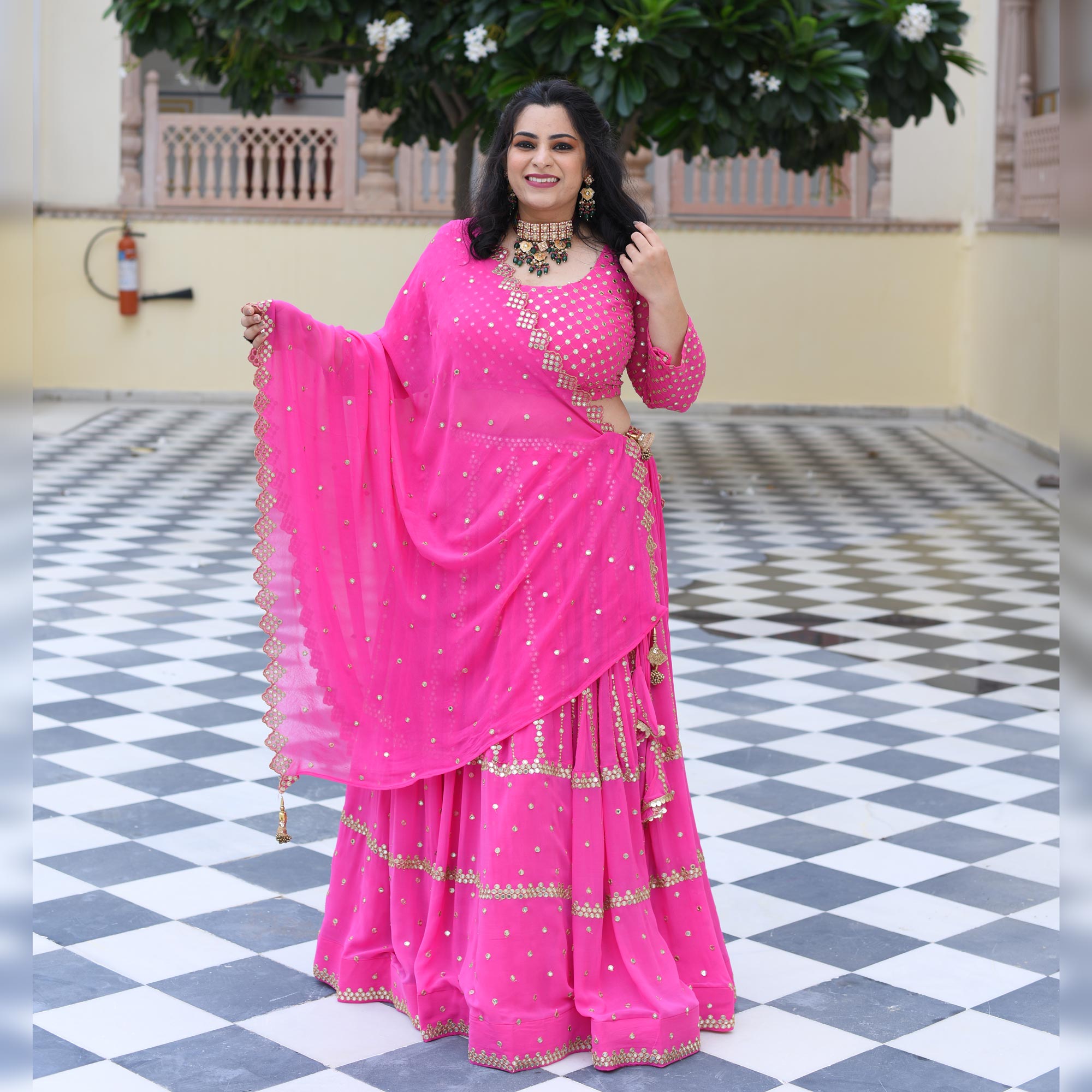 Cerise Pink Mirror Work Lehenga Set