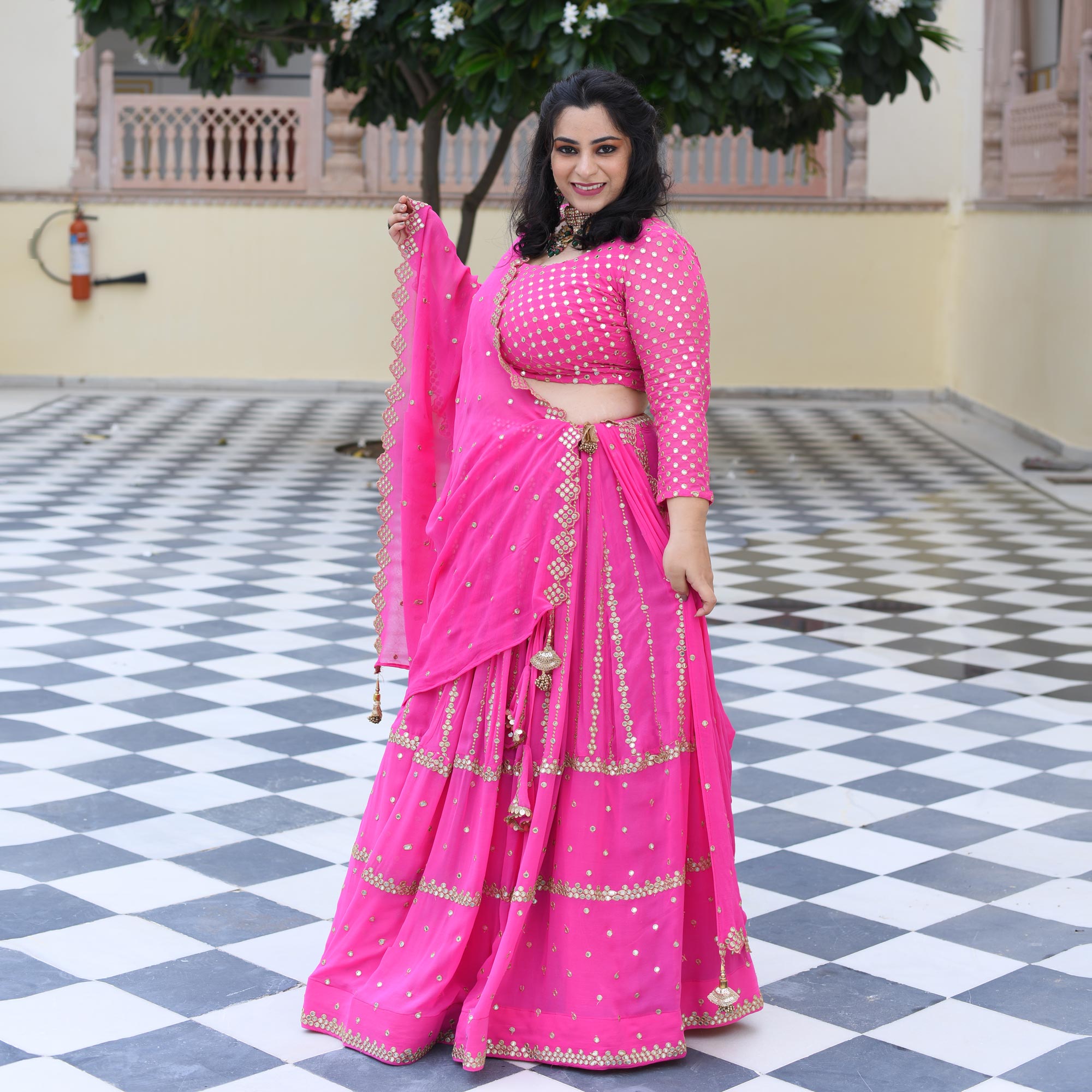 Cerise Pink Mirror Work Lehenga Set