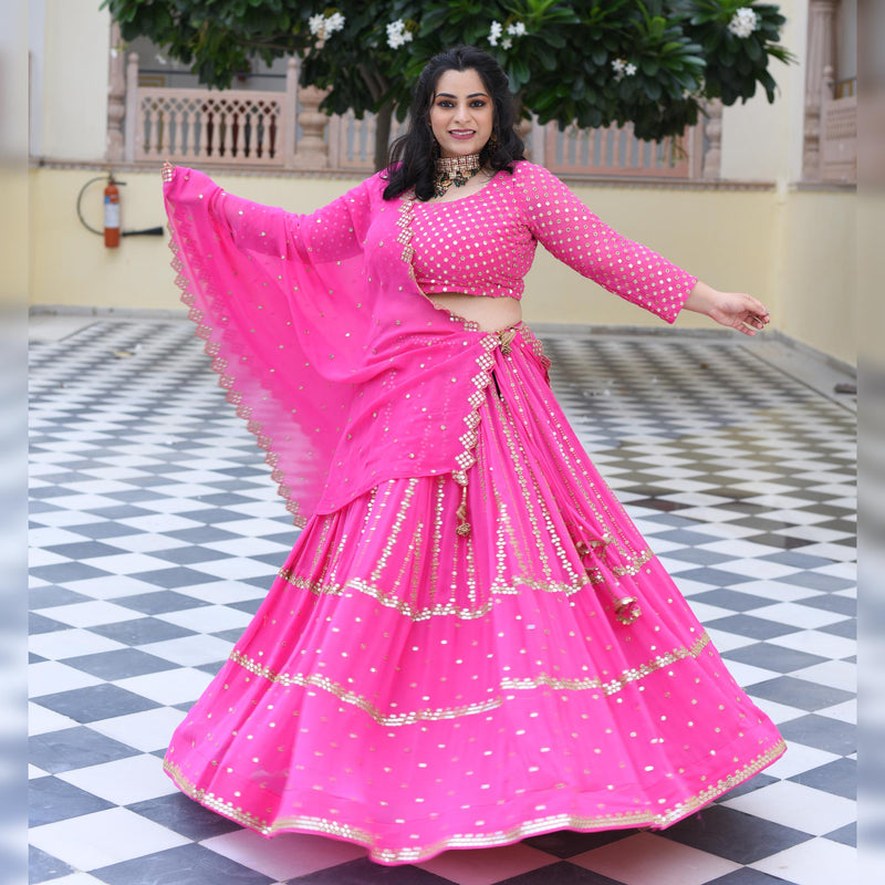 Cerise Pink Mirror Work Lehenga Set