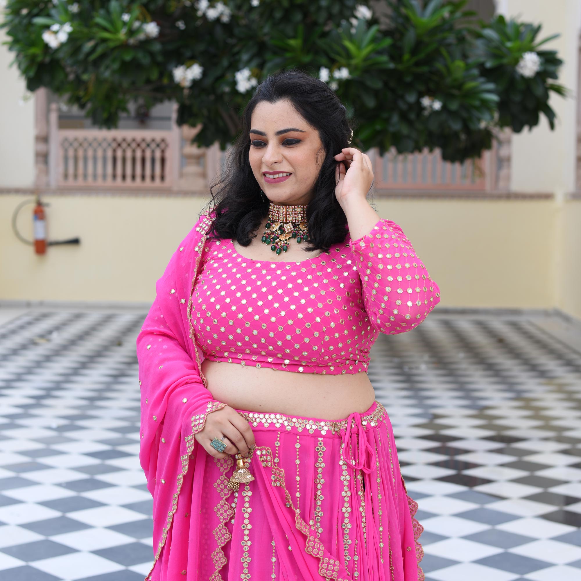 Cerise Pink Mirror Work Lehenga Set