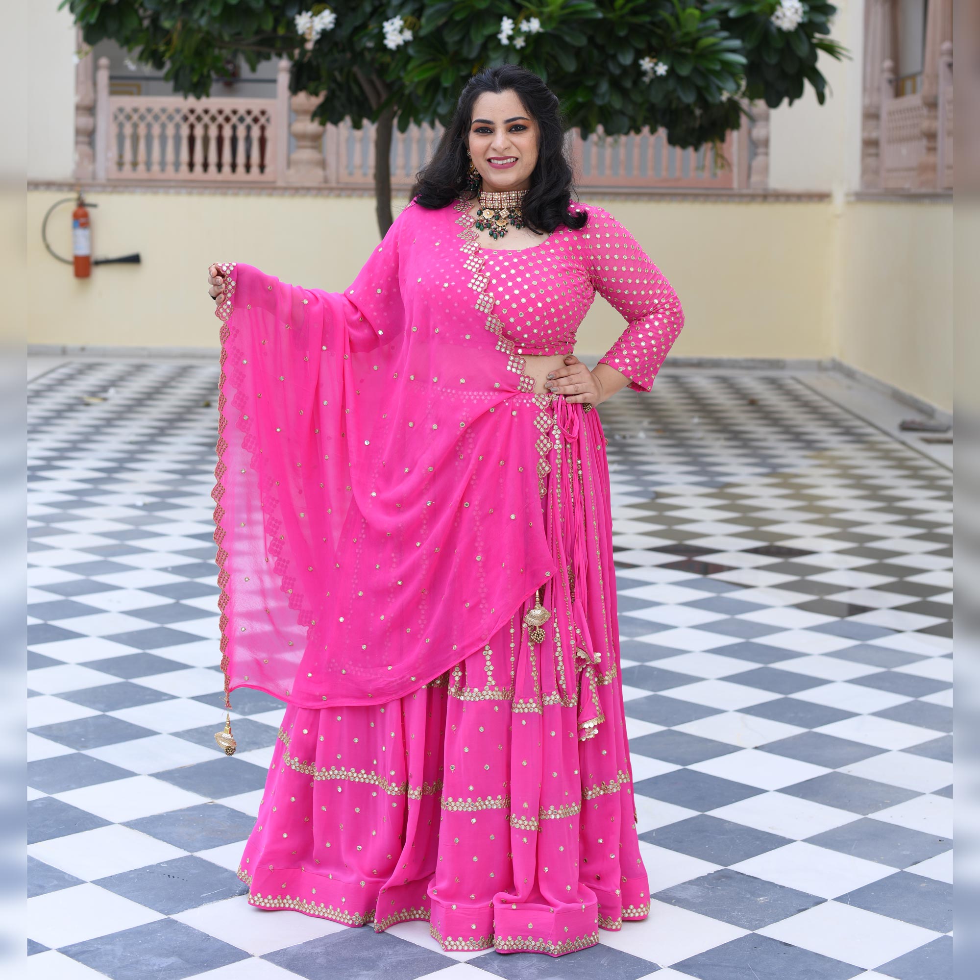 Cerise Pink Mirror Work Lehenga Set