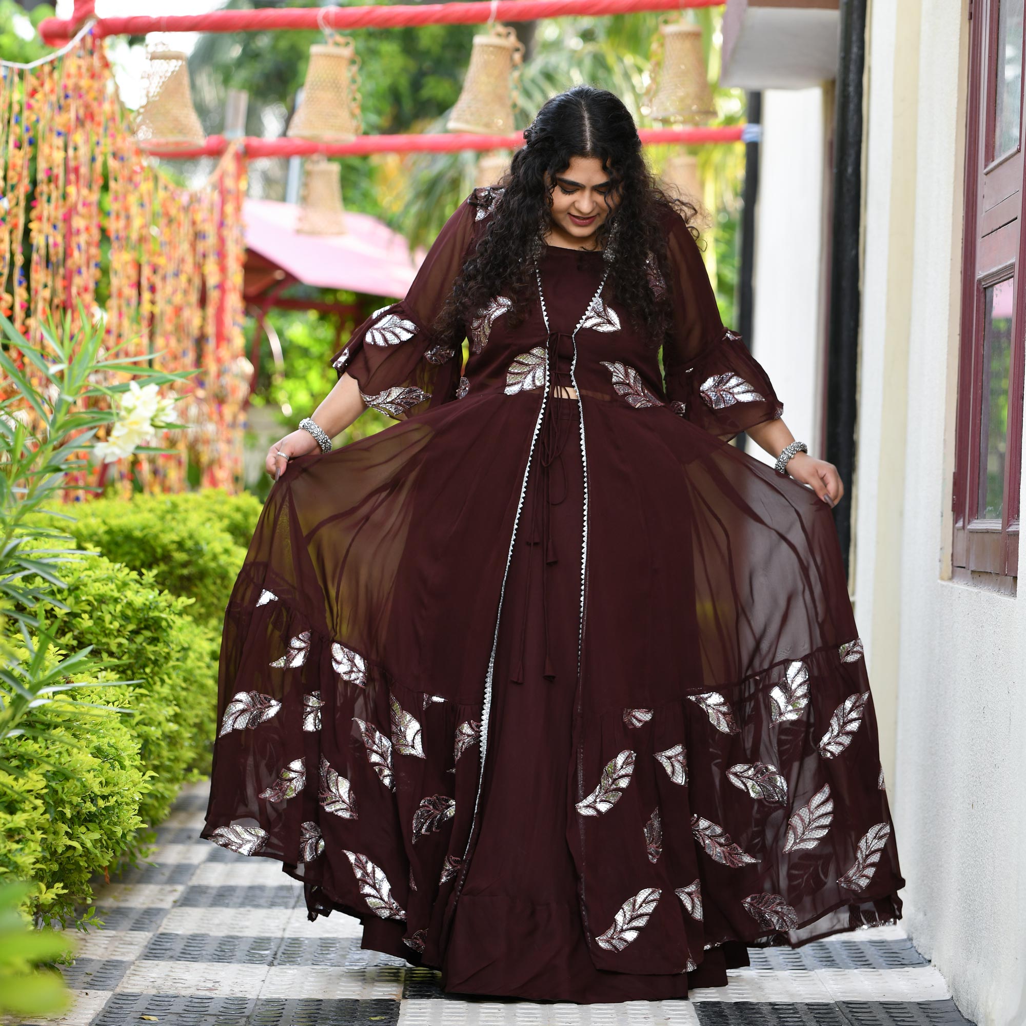 Chocolate Gota Patti Pure Georgette Cape Set