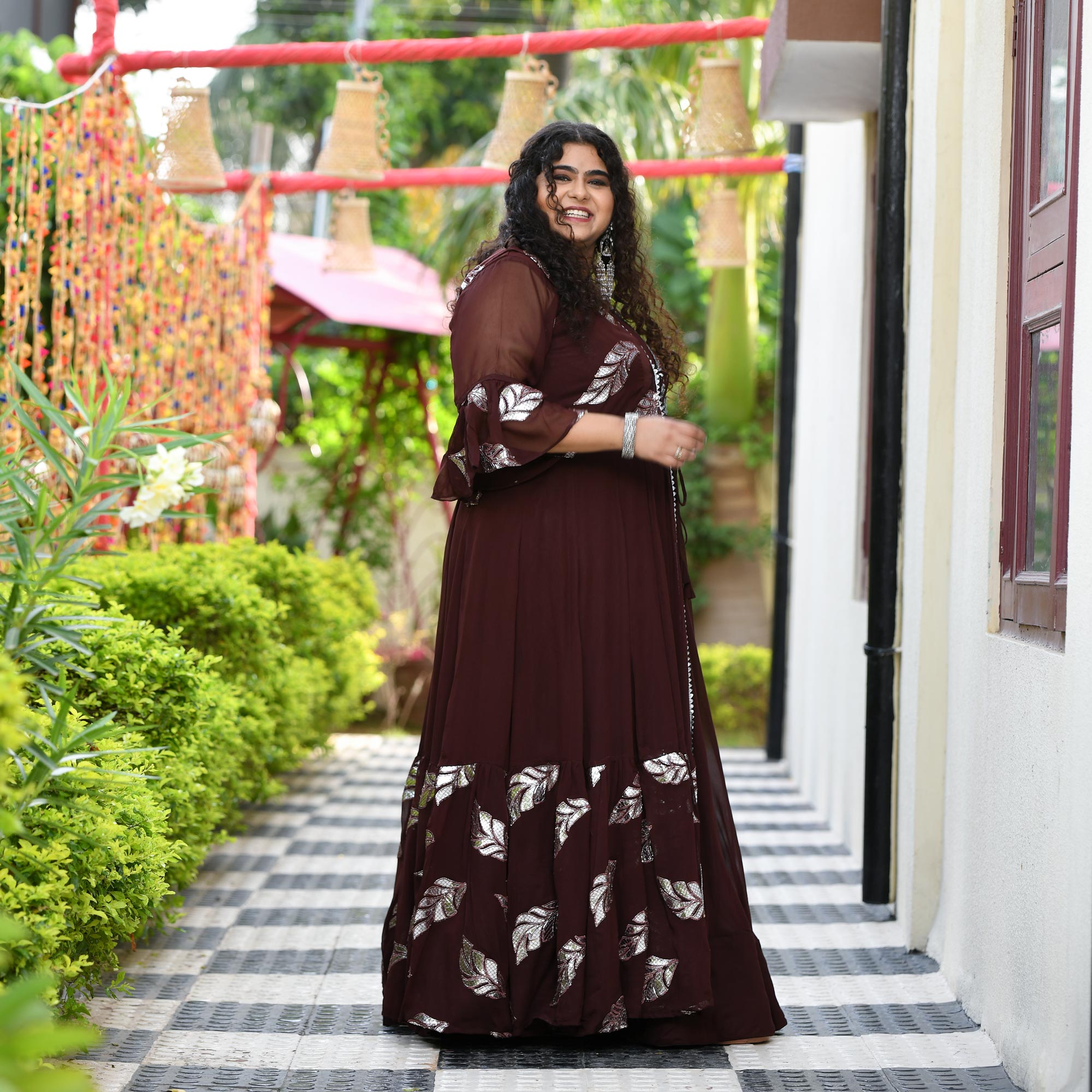 Chocolate Gota Patti Pure Georgette Cape Set