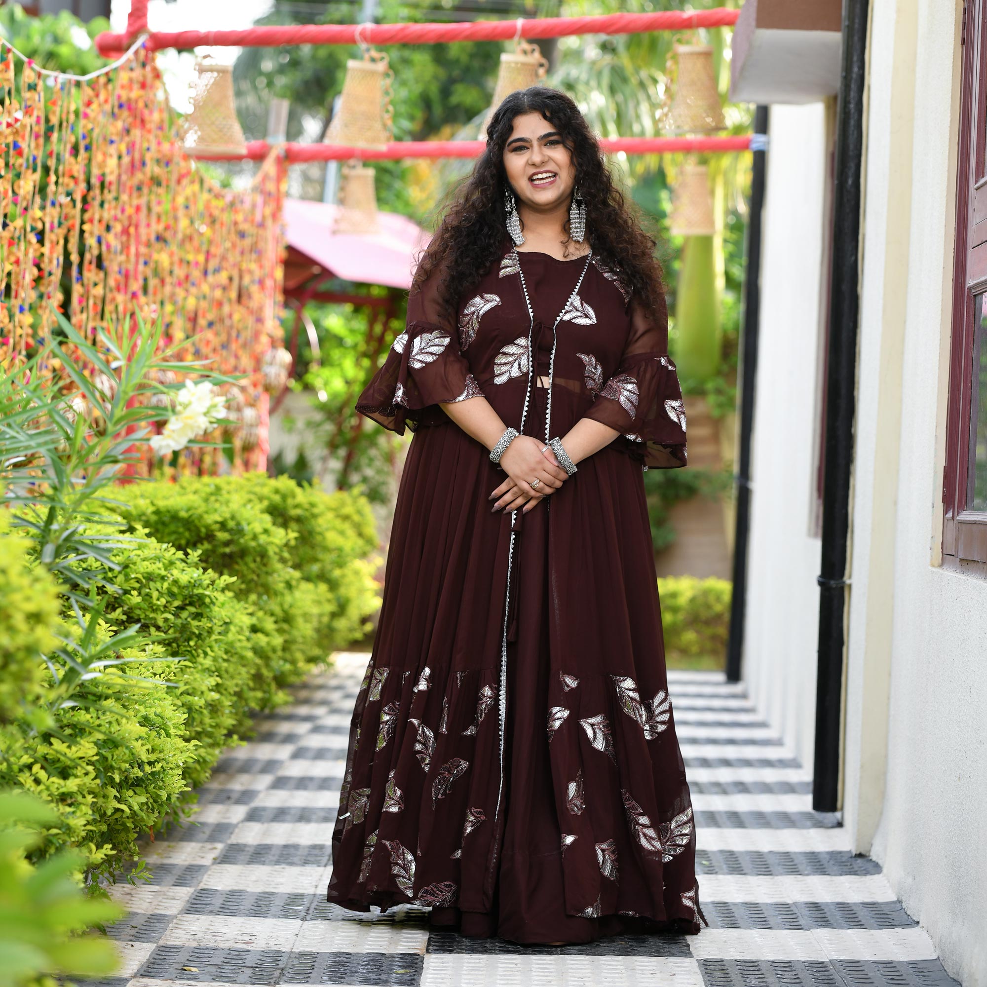 Chocolate Gota Patti Pure Georgette Cape Set