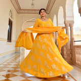 Chrome Yellow Pure Georgette Banarasi Lehenga Set