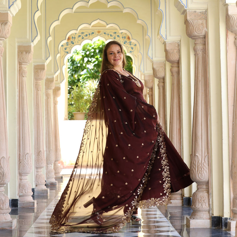 Cocoa Brown Dual Tone Georgette Anarkali Set
