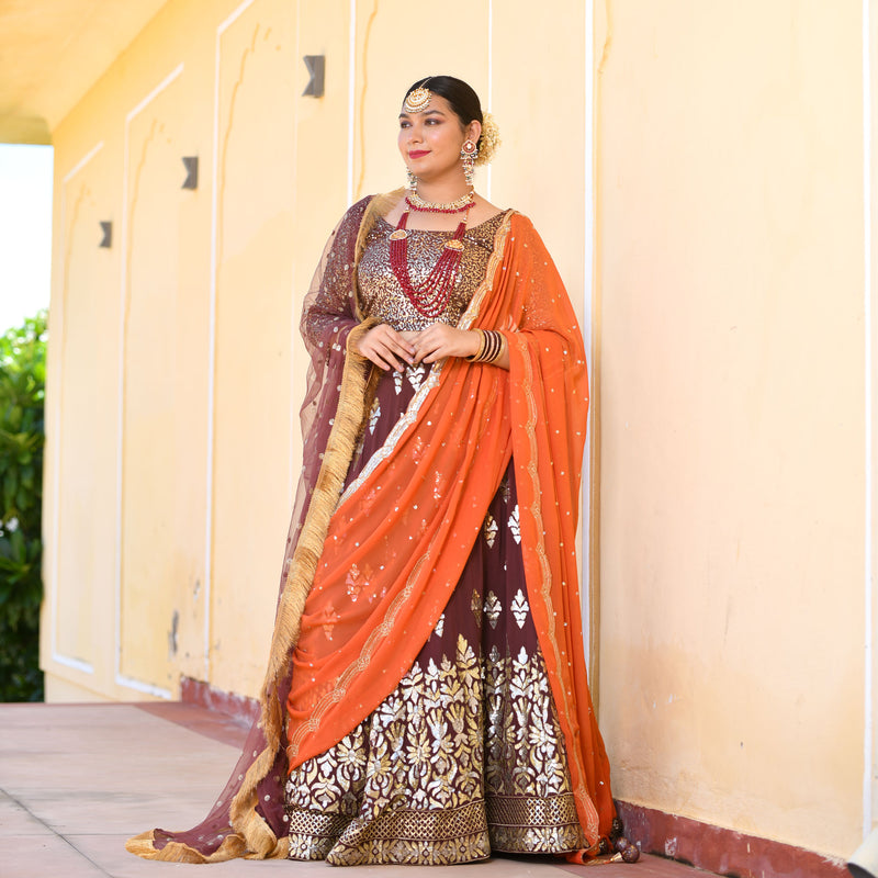 Deep Coffee & Rust Royal Sequin Embroidered Lehenga set