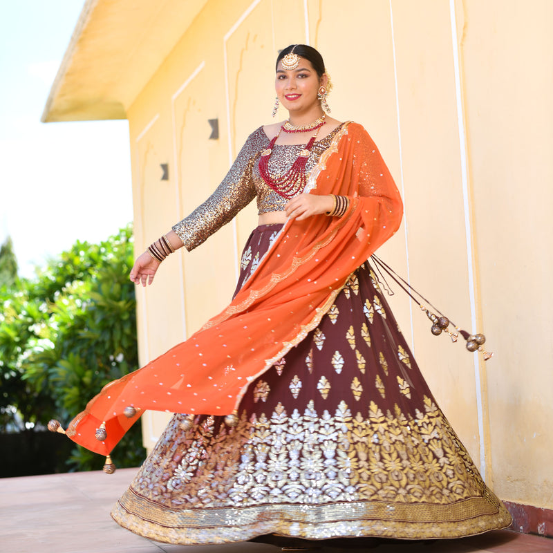 Deep Coffee & Rust Royal Sequin Embroidered Lehenga set