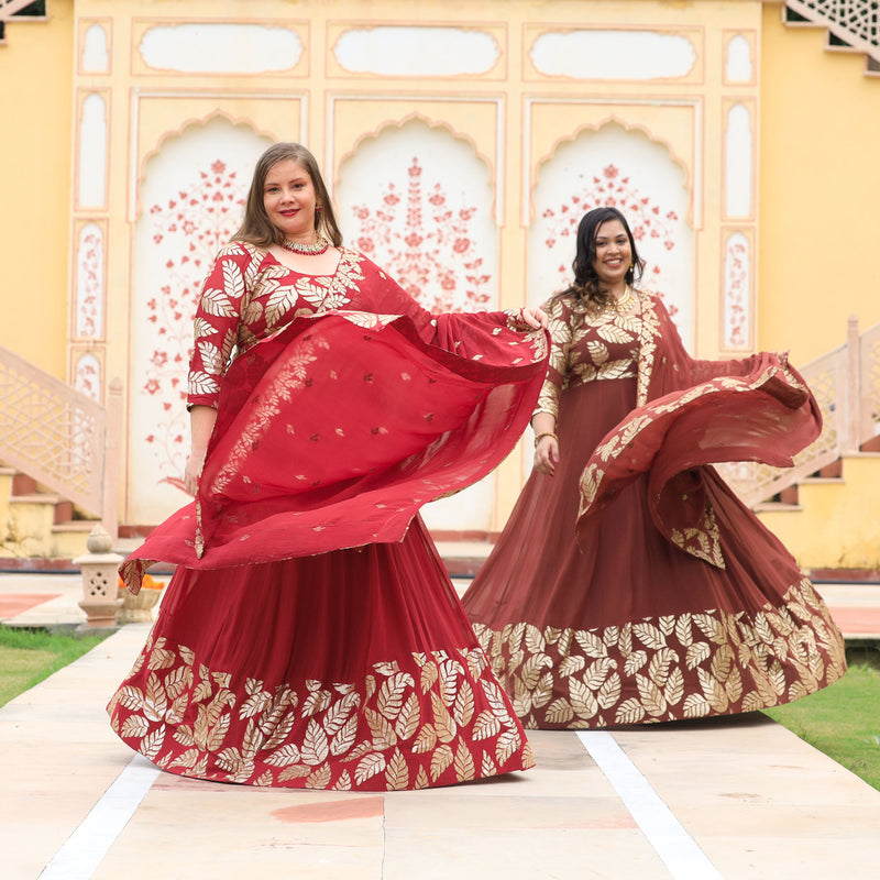 Nutmeg Brown Leaf  Sequin Embroidered Anarkali Dress