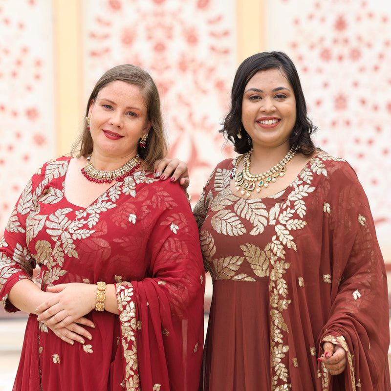 Nutmeg Brown Leaf  Sequin Embroidered Anarkali Dress