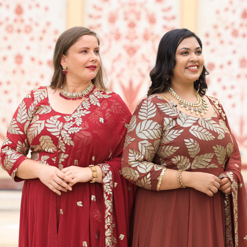 Nutmeg Brown Leaf  Sequin Embroidered Anarkali Dress