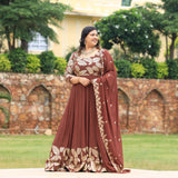 Nutmeg Brown Leaf  Sequin Embroidered Anarkali Dress