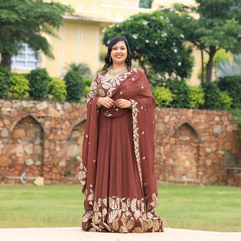Nutmeg Brown Leaf  Sequin Embroidered Anarkali Dress