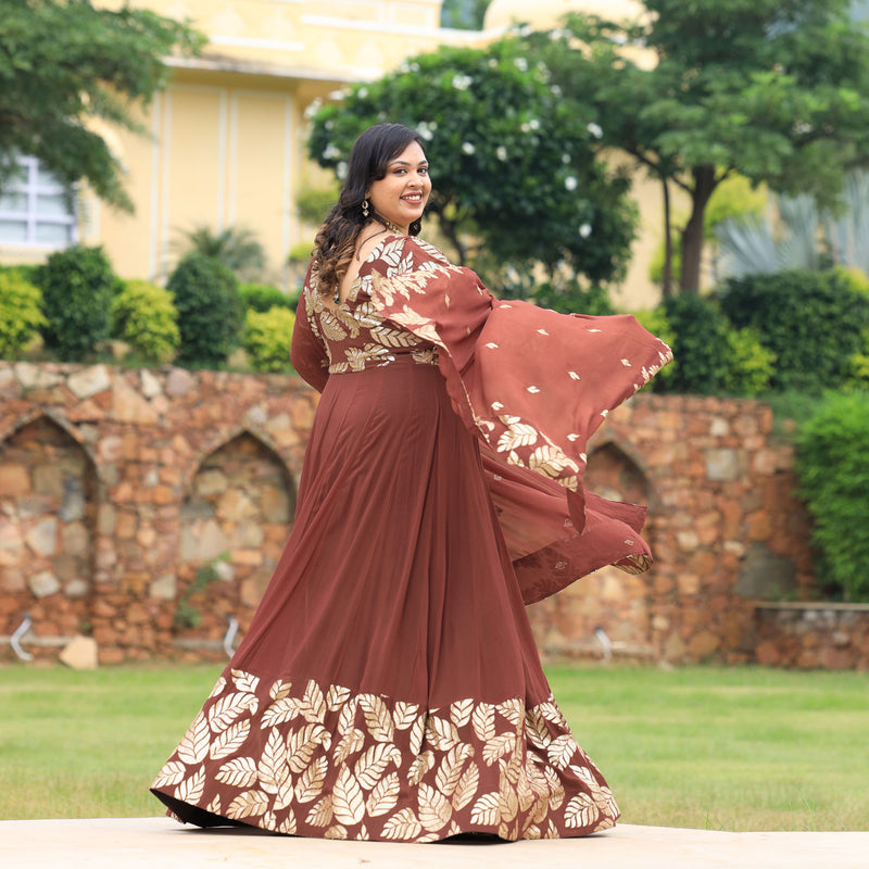 Nutmeg Brown Leaf  Sequin Embroidered Anarkali Dress