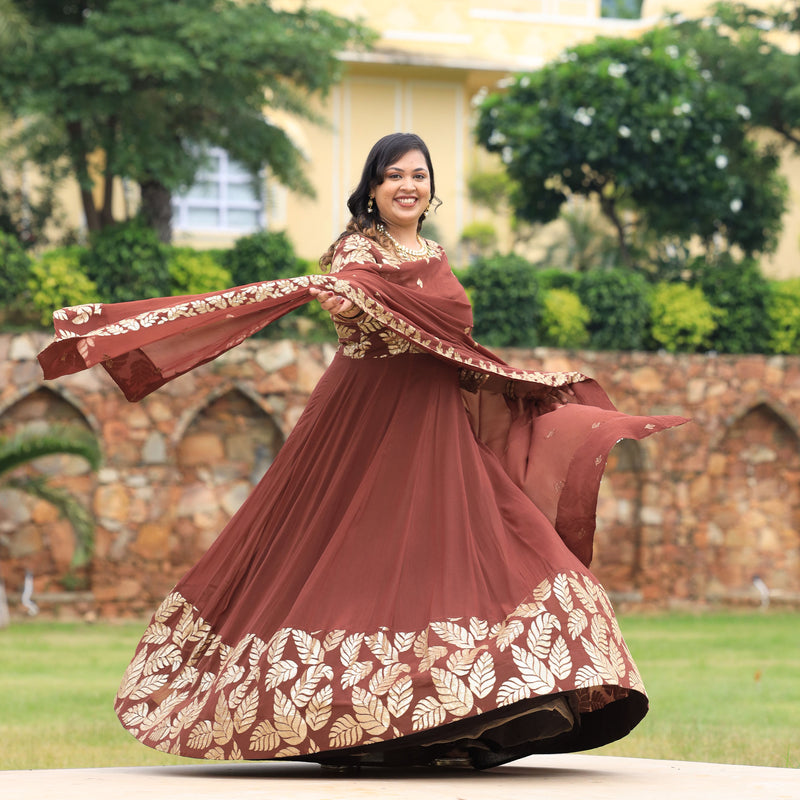 Nutmeg Brown Leaf  Sequin Embroidered Anarkali Dress