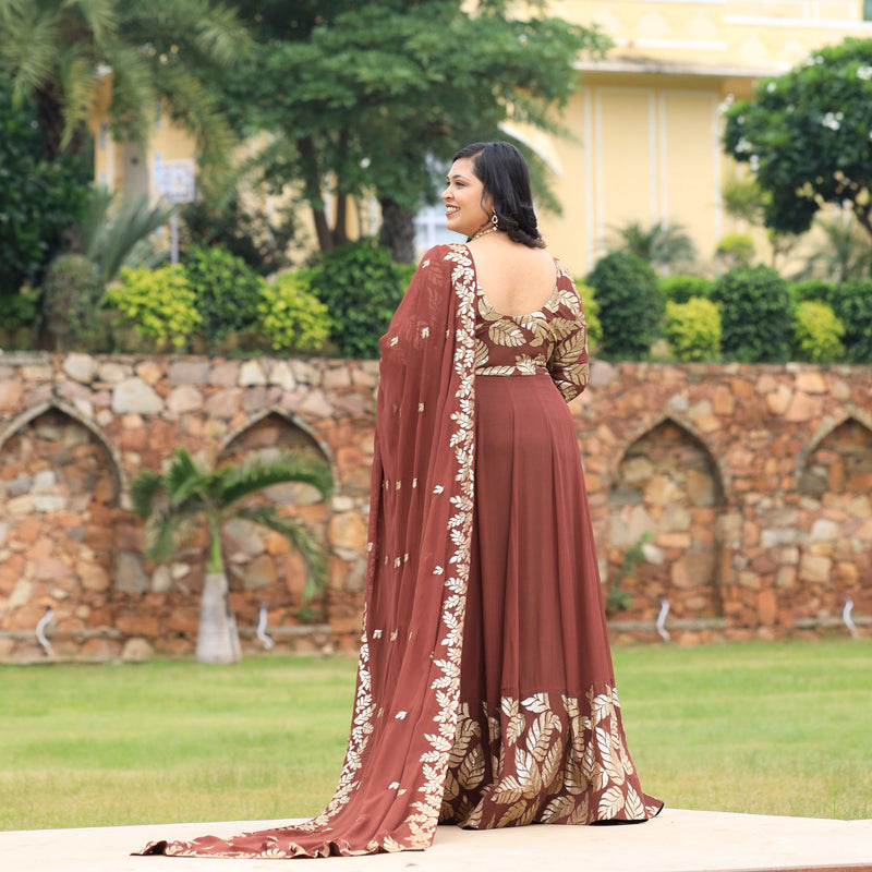 Nutmeg Brown Leaf  Sequin Embroidered Anarkali Dress