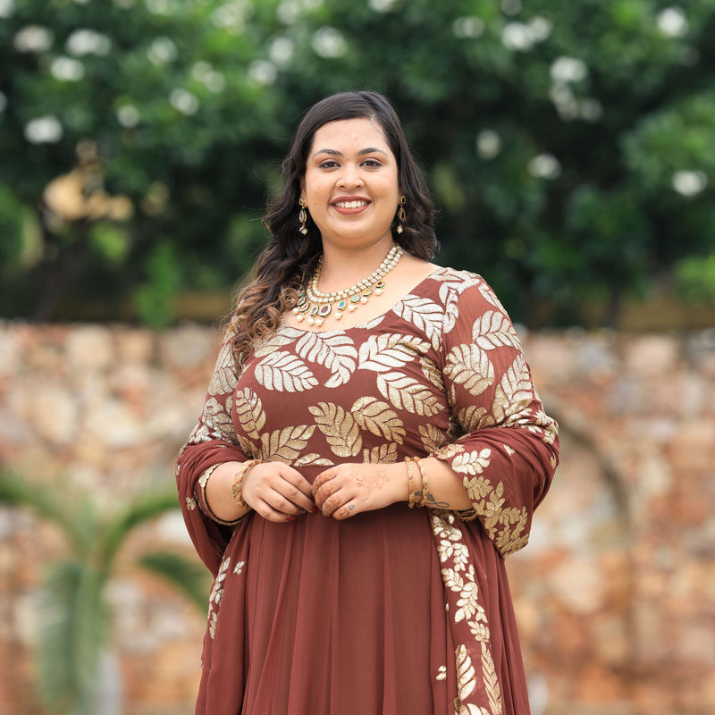 Nutmeg Brown Leaf  Sequin Embroidered Anarkali Dress