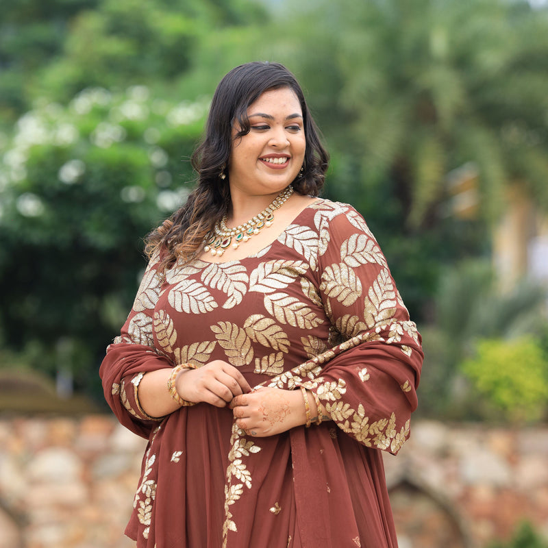 Nutmeg Brown Leaf  Sequin Embroidered Anarkali Dress