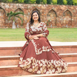Nutmeg Brown Leaf  Sequin Embroidered Anarkali Dress