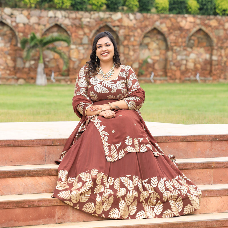 Nutmeg Brown Leaf  Sequin Embroidered Anarkali Dress