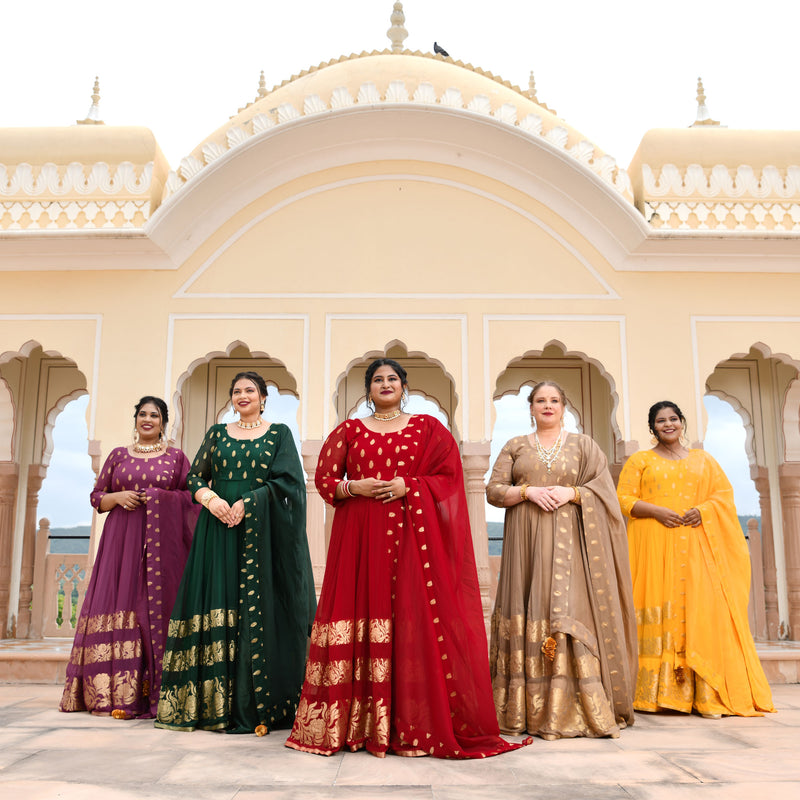 Sunglow & Gold Panelled Banarasi Anarkali