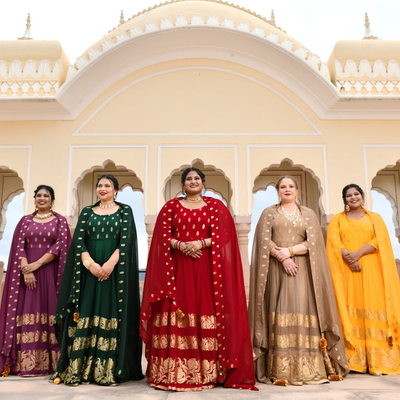 Sunglow & Gold Panelled Banarasi Anarkali