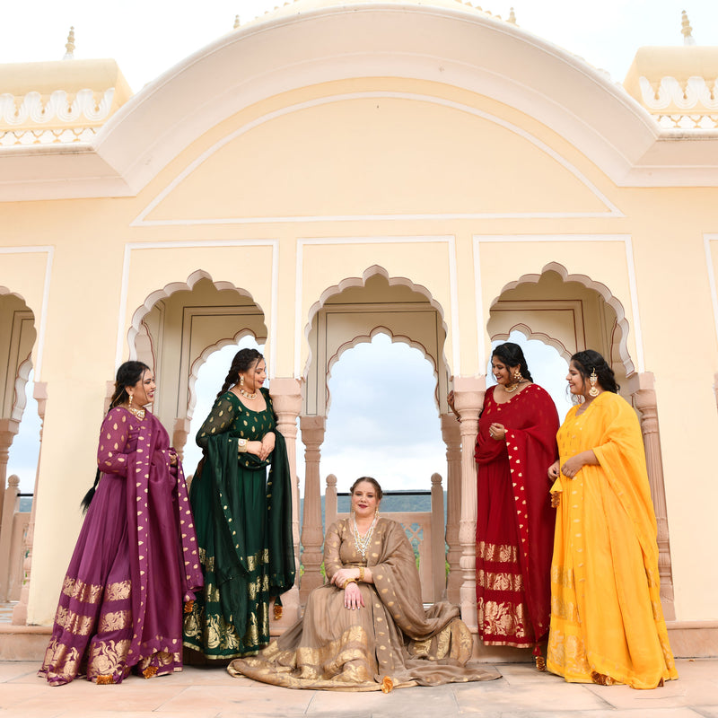 Sunglow & Gold Panelled Banarasi Anarkali