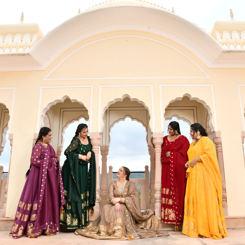 Sunglow & Gold Panelled Banarasi Anarkali