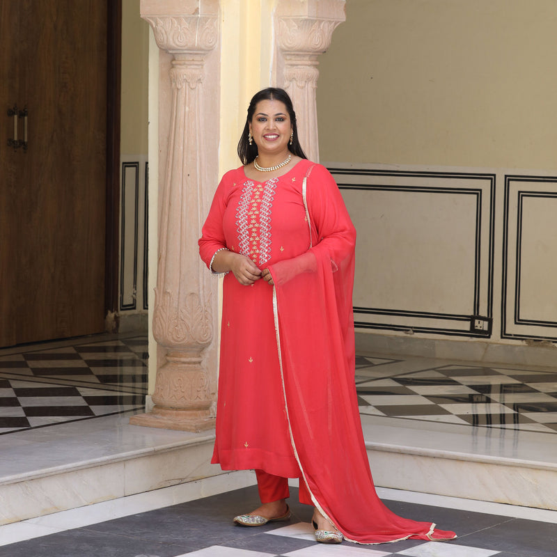 Soft Coral Handwork Pure Georgette Suit Set