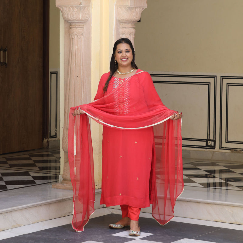 Soft Coral Handwork Pure Georgette Suit Set