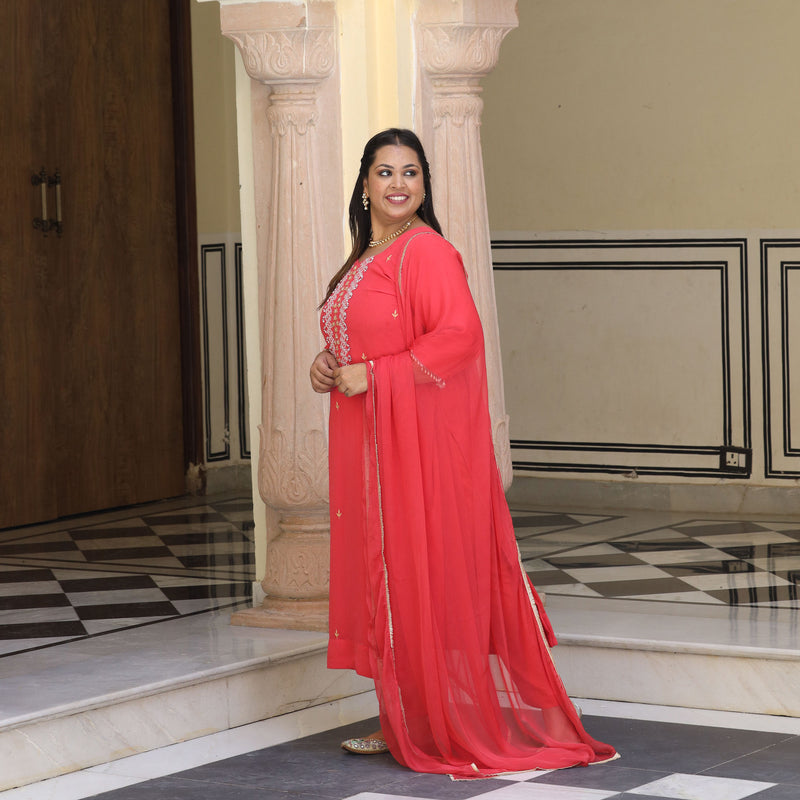 Soft Coral Handwork Pure Georgette Suit Set